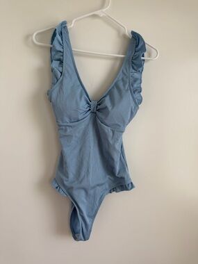 Light Blue One-Piece Swimsuit with Ruffle Straps